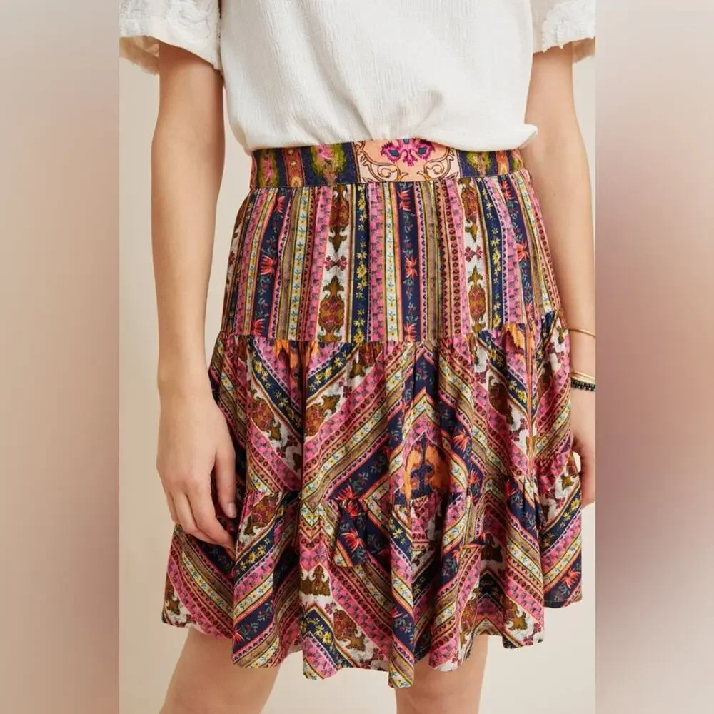 Anthro Vineet Back Patrice Tiered Multicolored Skirt